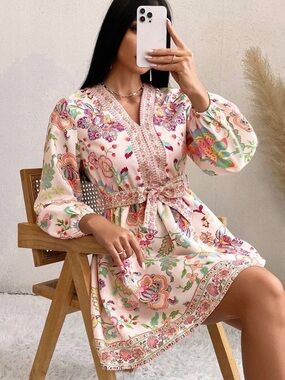 Amazon Floral V-Neck Belted Mini Dress in Light Pink